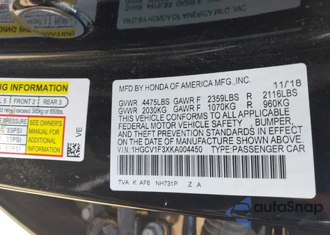 2019 Honda Accord Sport from USA, damaged, VIN 1HGCV1F3XKA004450